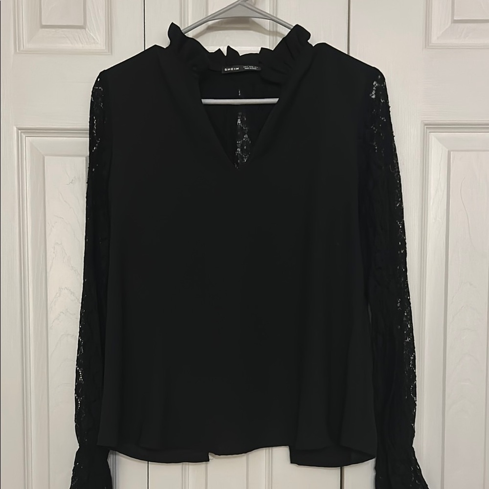 SHEIN Black Ruffled Lace Blouse with Mandarin Collar